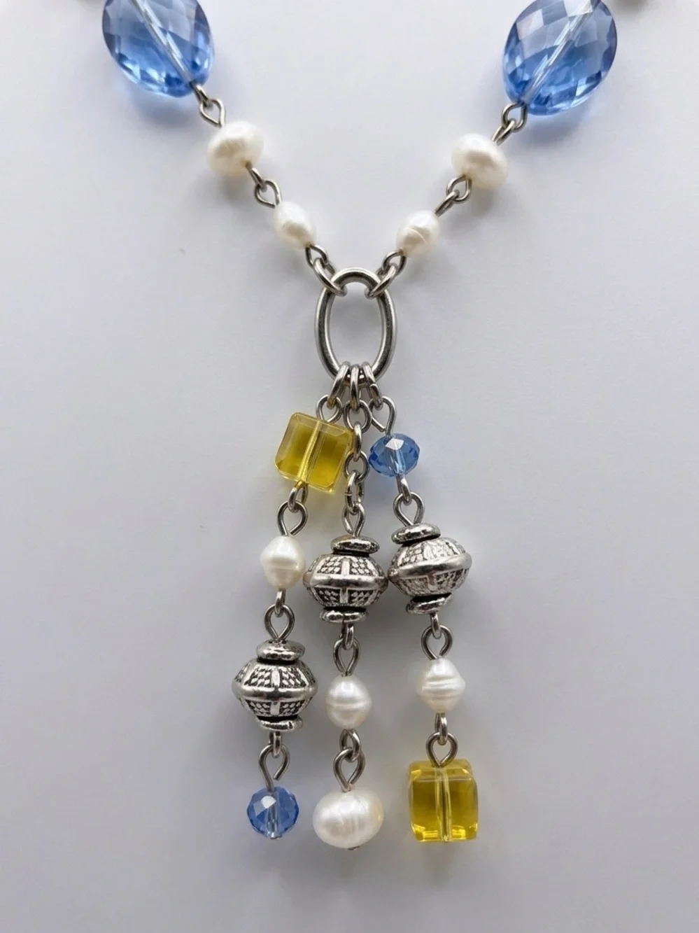 Silver-Tone Blue and Yellow Beaded Tassel Necklace Excellent Condition